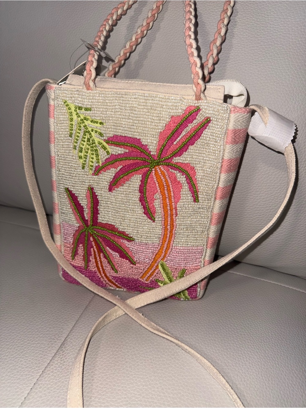 Beaded Pink Palm Tree Crossbody Tote